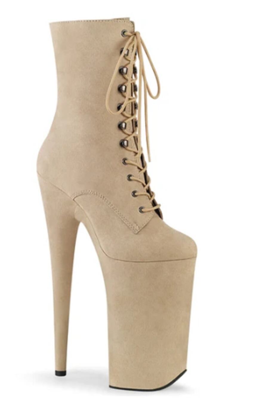 Pleaser Beyond-1020FS Lace-Up Platform Ankle Boots Beige Faux Suede US7 Like New